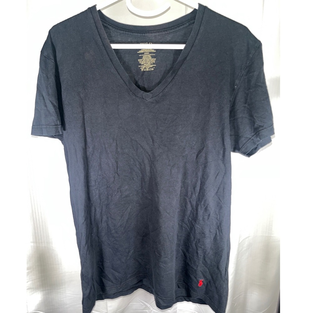 Polo Ralph Lauren V-Neck T-Shirt Black Cotton Red Pony Logo Classic Fit Mens M